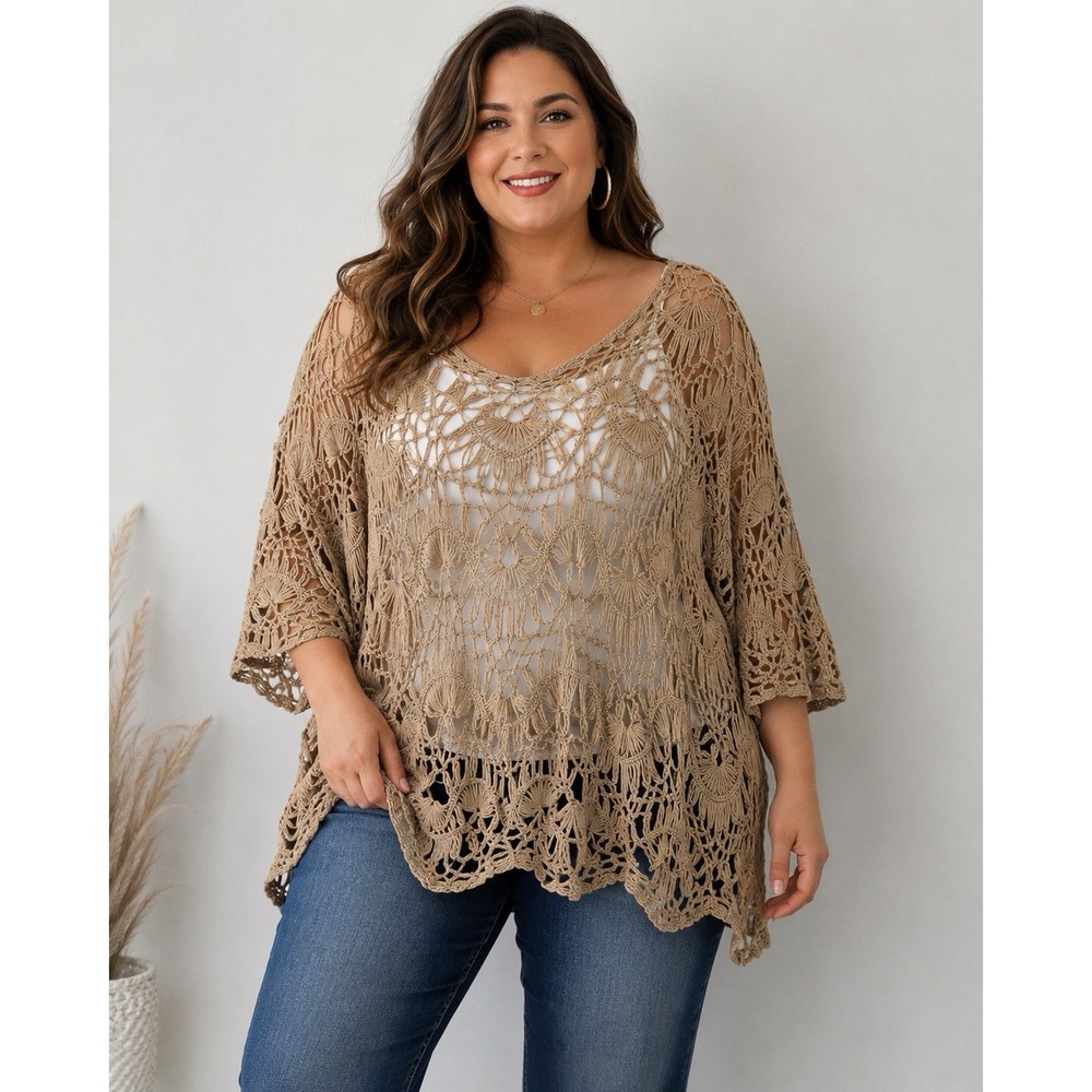 Vintage Y2K Lisa International 3X Crochet Open Knit Boho Tunic Top Beige